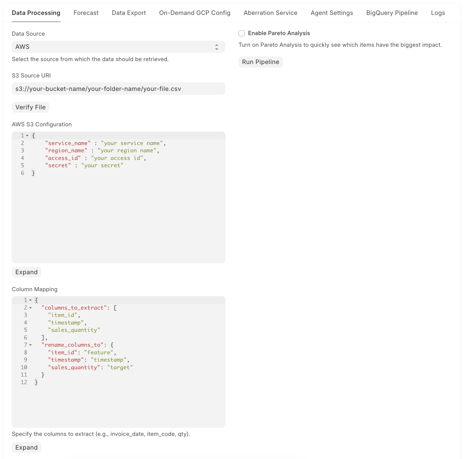 Forecasting platform interface showing AWS S3 data ingestion and column mapping