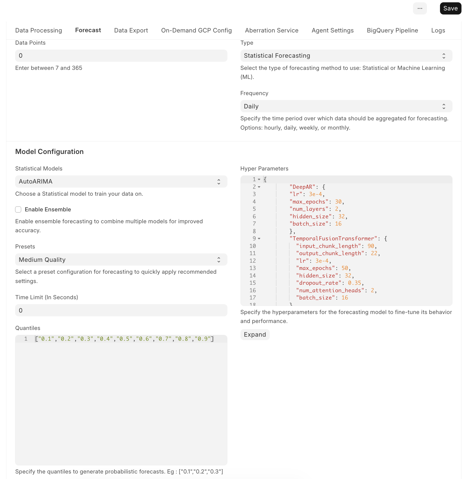 Forecasting platform model configuration interface